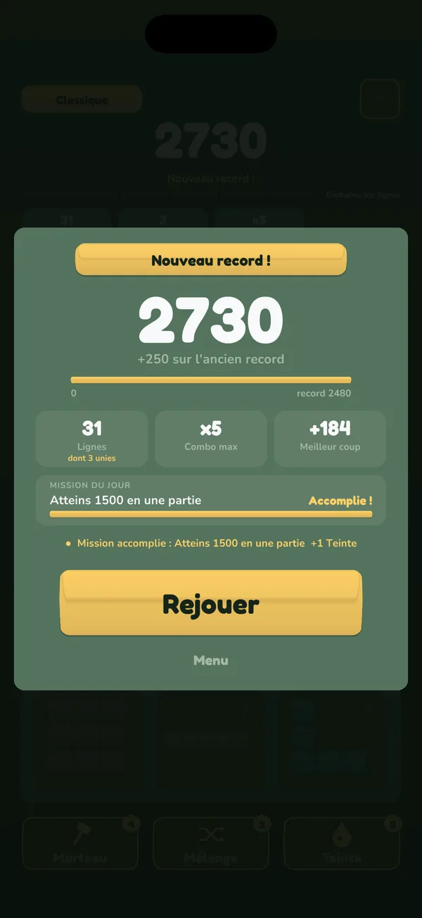 Écran de fin « Nouveau record ! » dans le jeu de blocs Stakko : score, lignes, combo max et mission du jour