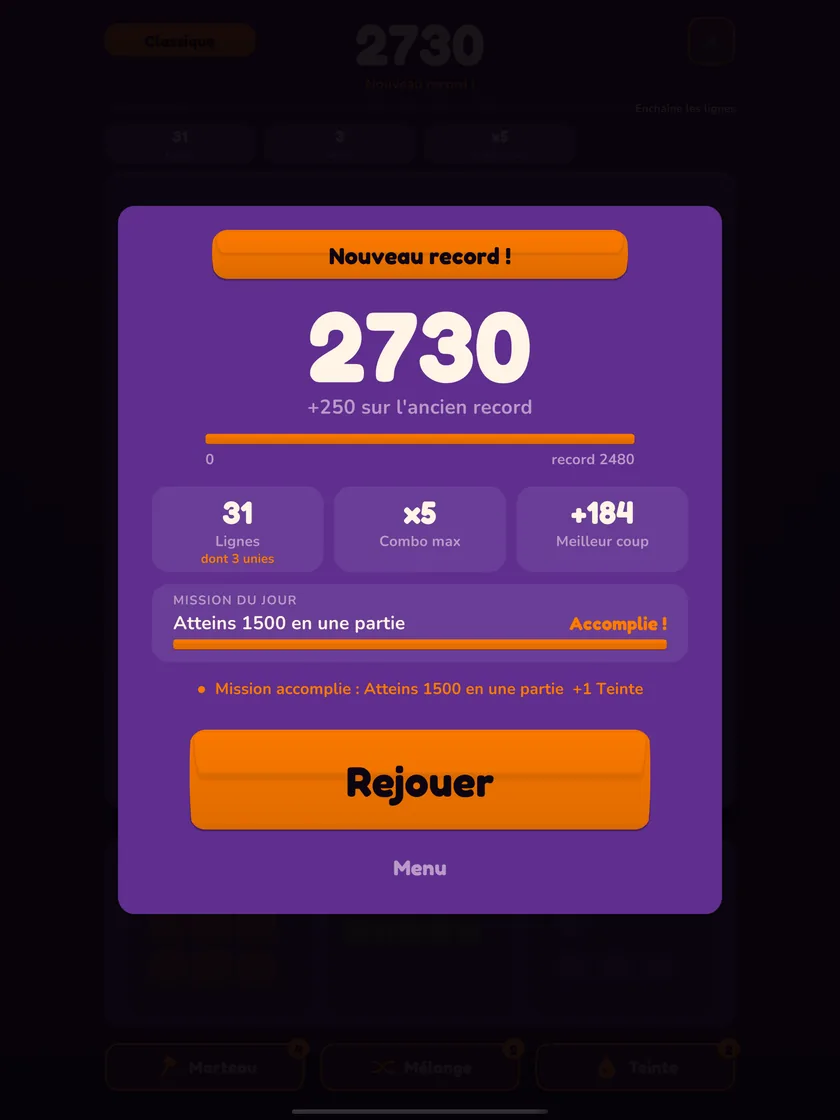 Écran « Nouveau record ! » de Stakko sur iPad, en thème Halloween