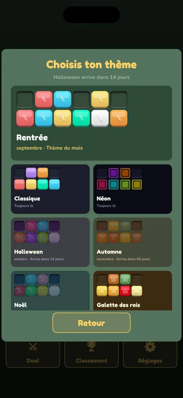 Galerie de thèmes de Stakko : le thème du mois, Classique, Néon et les thèmes à venir comme Halloween